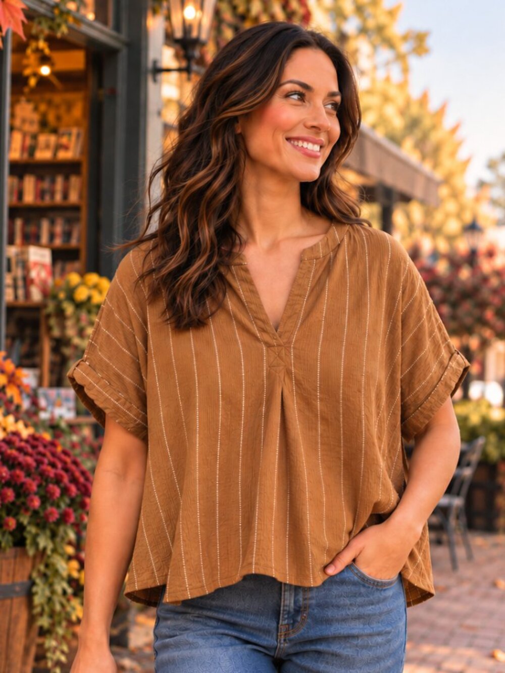 Madewell XS Brown Tan Striped 100% Cotton Boxy Split Neck Popover Top Fall Shirt